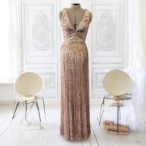Dress the Population Rose Gold Sequin Fringe V-Neck Evening Gown